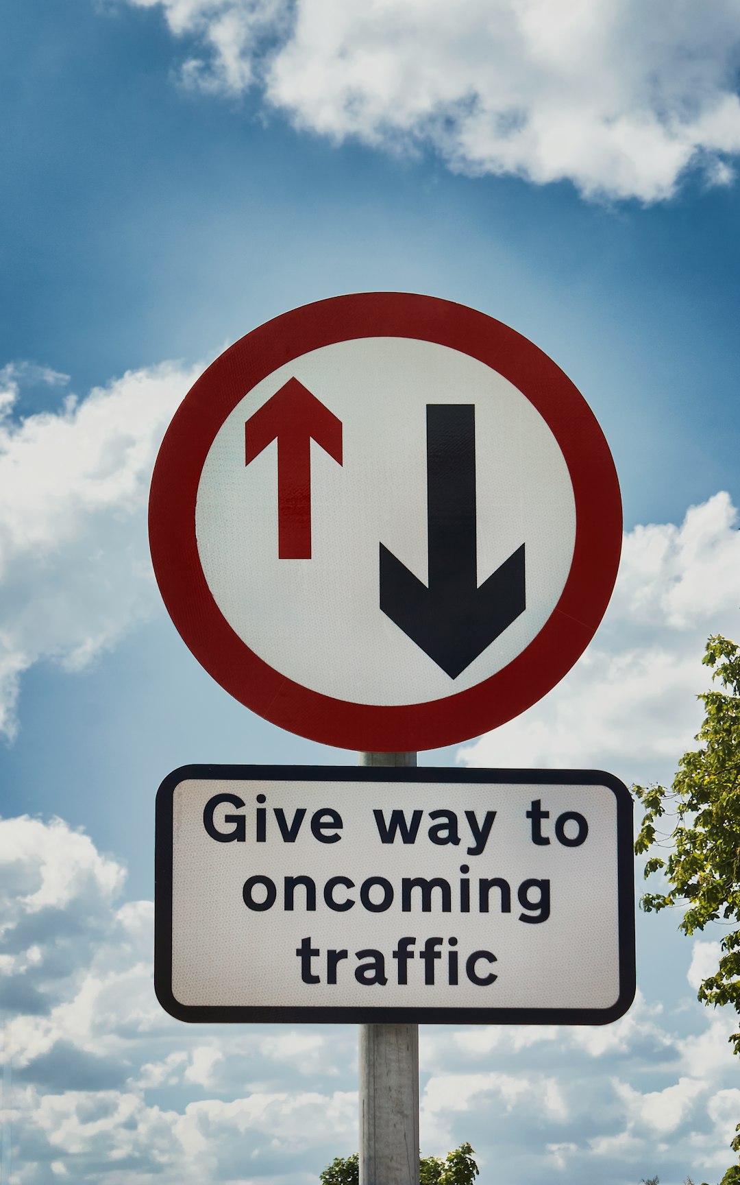 A traffic sign warning drivers to give way to oncoming traffic at Ebrington Centre in County Londonderry (May, 2021).